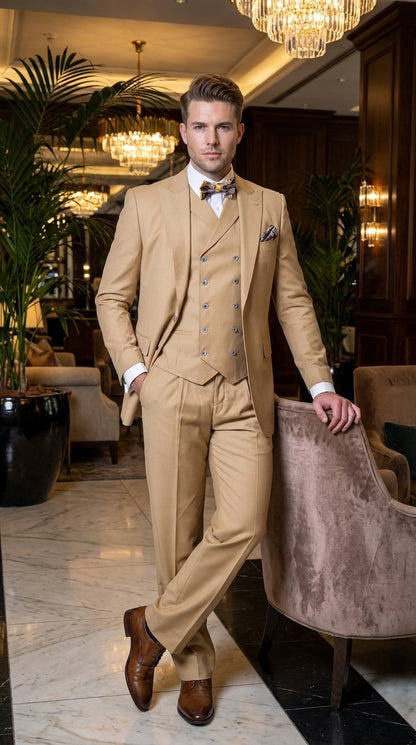 Men’s Camel 100% Wool 3-Piece Suit – One-Button Notch Lapel Suit with Double-Breasted Vest and Wide-Leg Pants