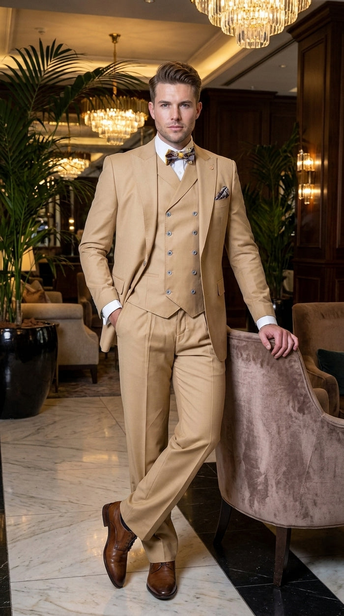 Men’s Camel 100% Wool 3-Piece Suit – One-Button Notch Lapel Suit with Double-Breasted Vest and Wide-Leg Pants