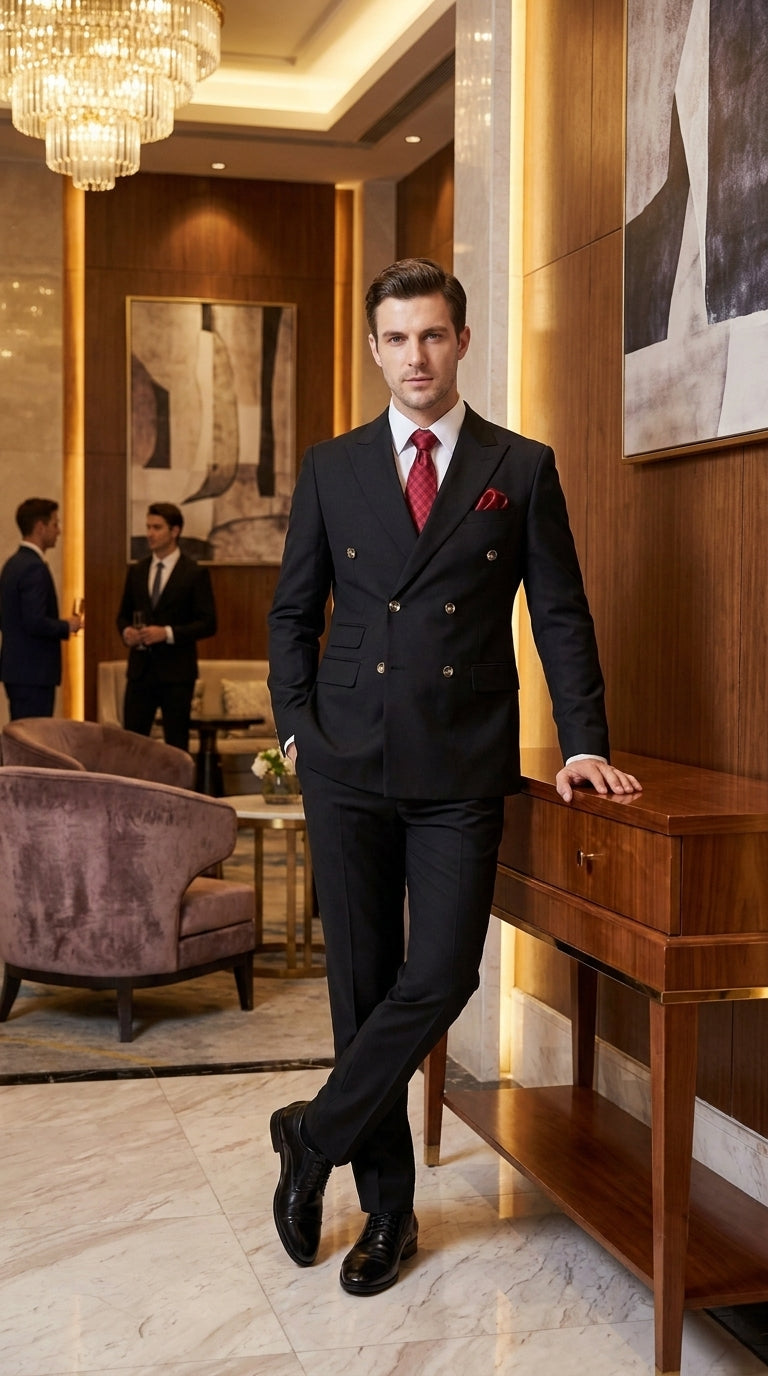 Men’s Black Classic Wool Double-Breasted Suit – Peak Lapel Wedding, Business and Formal Suit
