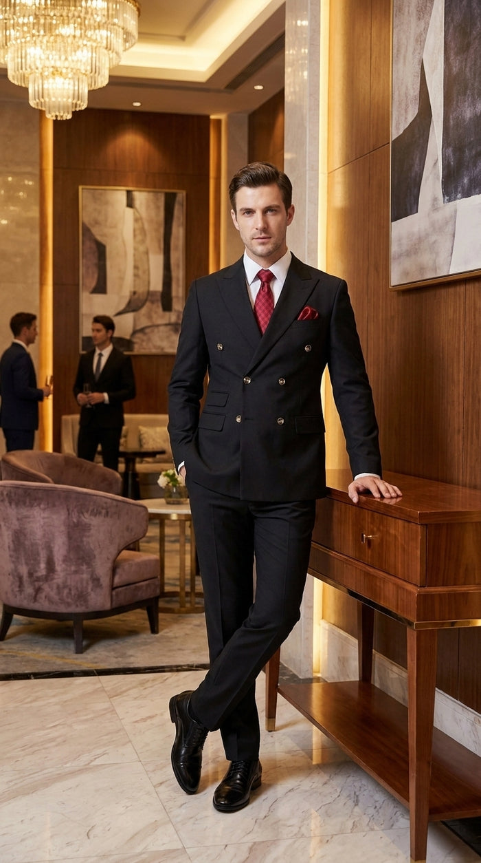 Men’s Black Classic Wool Double-Breasted Suit – Peak Lapel Wedding, Business and Formal Suit