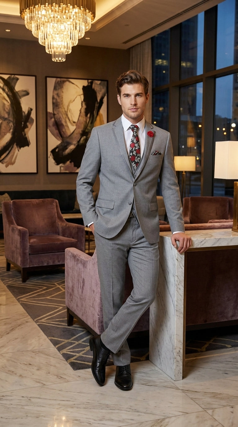 Men’s Grey Trim Tuxedo Suit – Vested Wedding, Prom and Formal Suit with Black Lapel Accents
