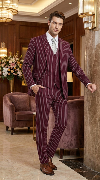 Men’s 3-Piece Gangster Pinstripe Suit – 2-Button Vintage Suit in Black, Grey or Burgundy