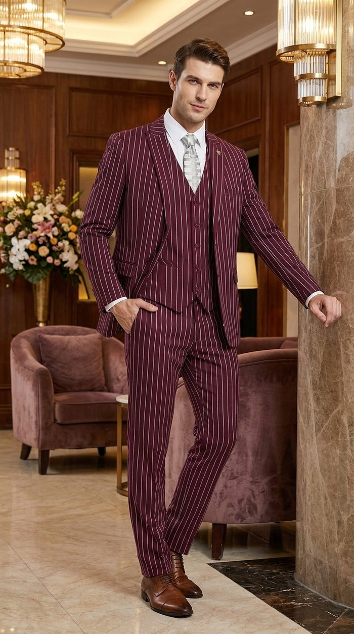 Men’s 3-Piece Gangster Pinstripe Suit – 2-Button Vintage Suit in Black, Grey or Burgundy