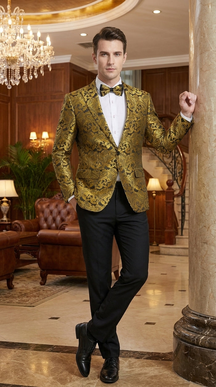 Men’s Gold Paisley Dinner Jacket Blazer – Fancy Formal Wedding Prom Party Tuxedo Jacket