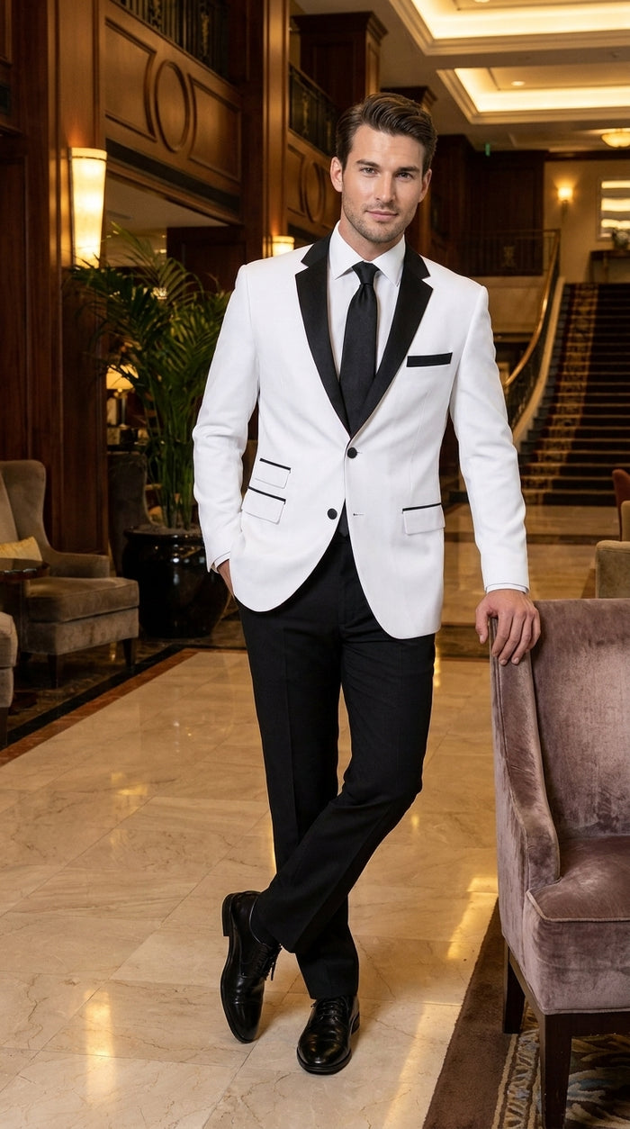 Boys White and Black Two Tone Tuxedo Suit, 2 Button Wedding Party Dinner Jacket with Black Pants