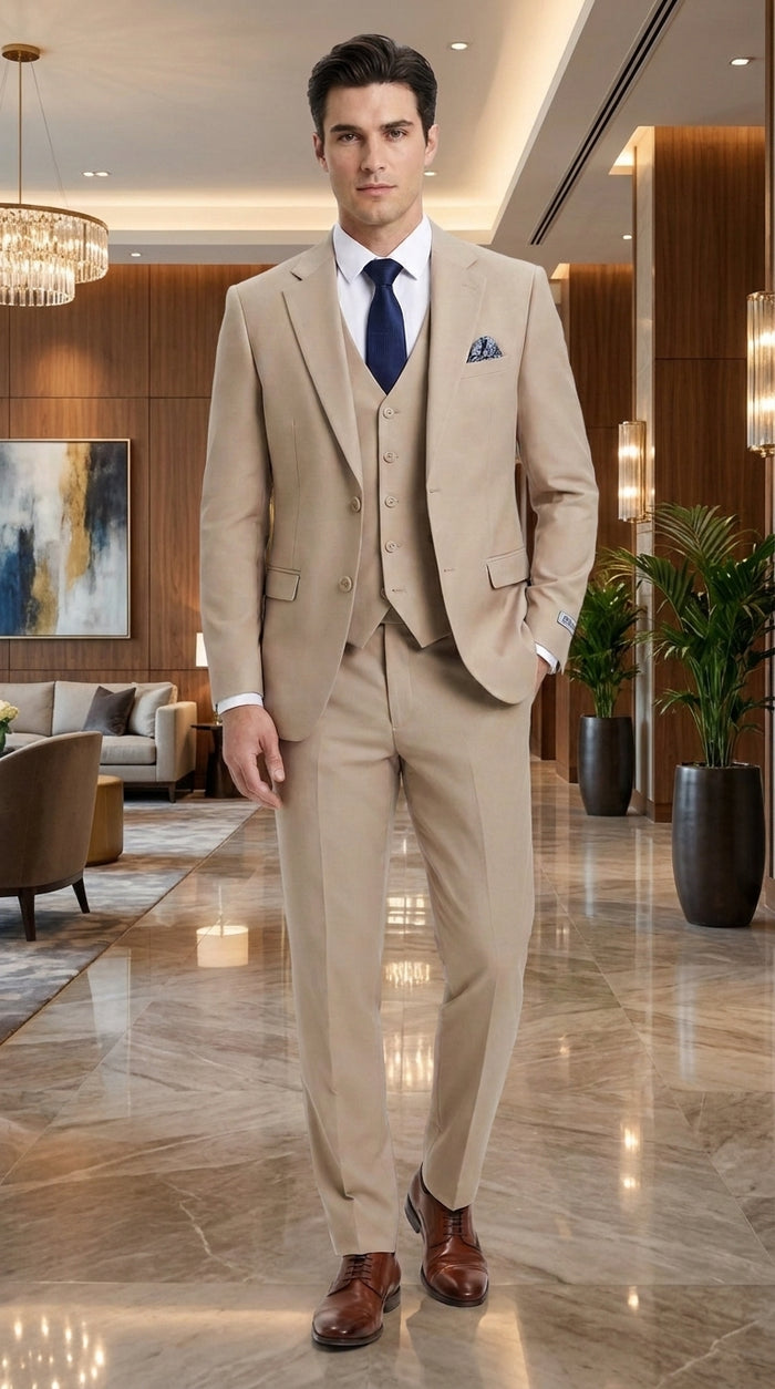 Stacy Adams Men’s Tan 3-Piece Suit – Two-Button Jacket, Matching Vest and Dress Pants