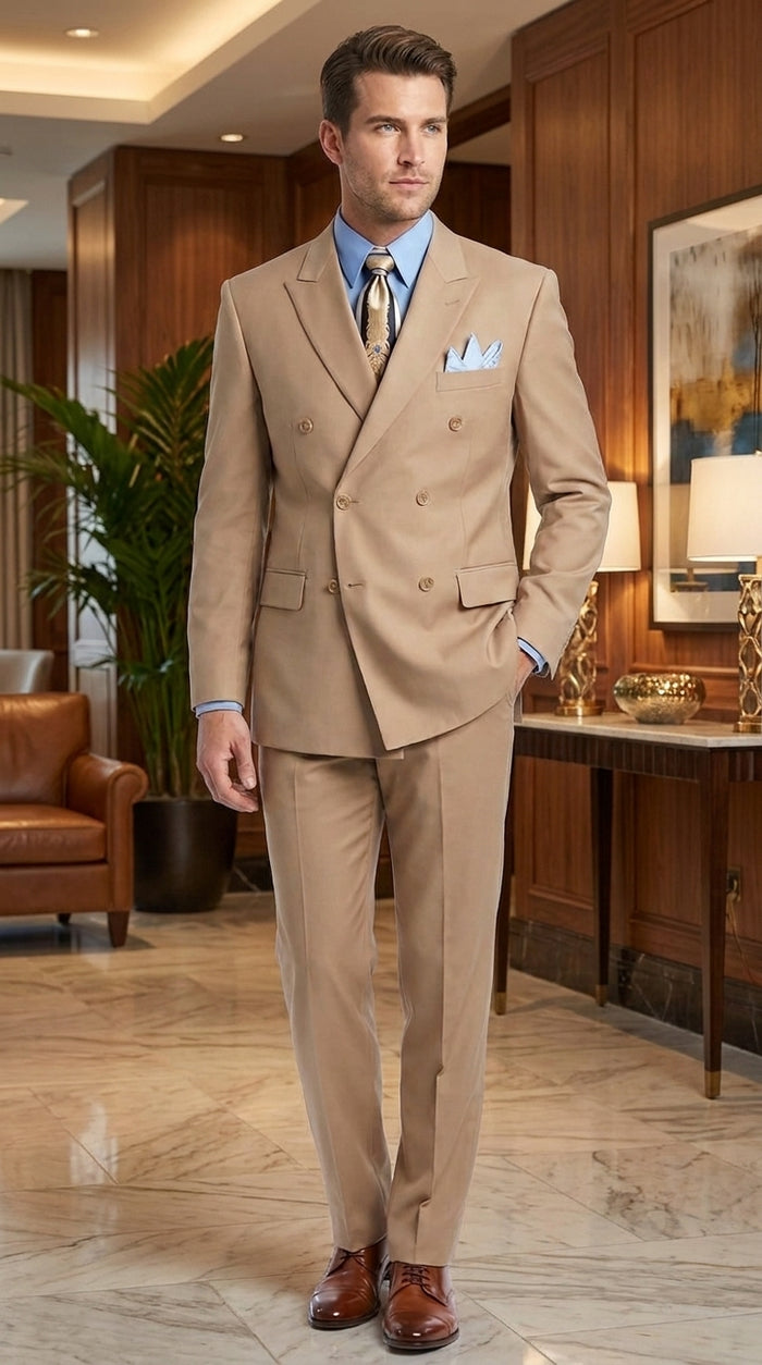 Men’s Tan Double-Breasted Suit – Classic Peak Lapel Business, Wedding and Formal Suit