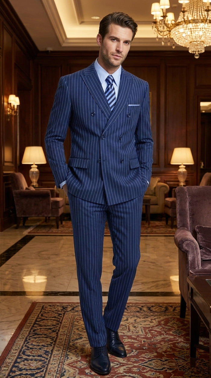 Men’s Royal Blue Pinstripe Double-Breasted Suit – 1920s Gangster Wedding, Prom and Business Suit