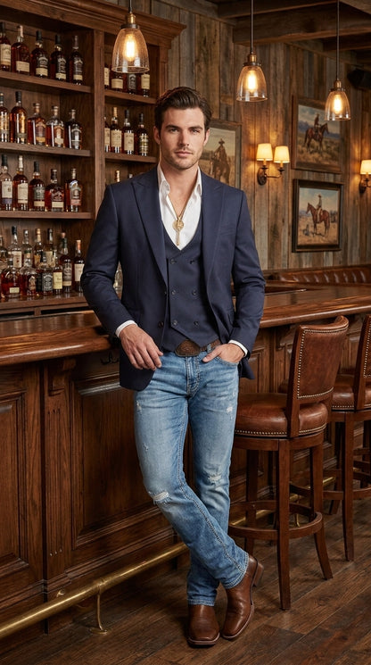 Men’s Navy Western Suit Blazer with Double Breasted Vest, Modern Cowboy Formal Outfit