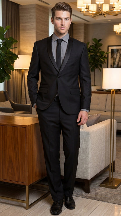 Men’s Black 1-Button Shawl Lapel Tuxedo – Wedding, Prom and Formal 2-Piece Suit