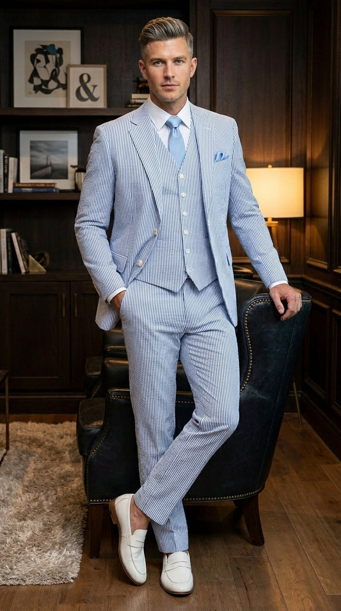 Men’s Light Blue Seersucker Jacket + Pants Suit with 2 Button Jacket, Summer Wedding Formal Dress Suit