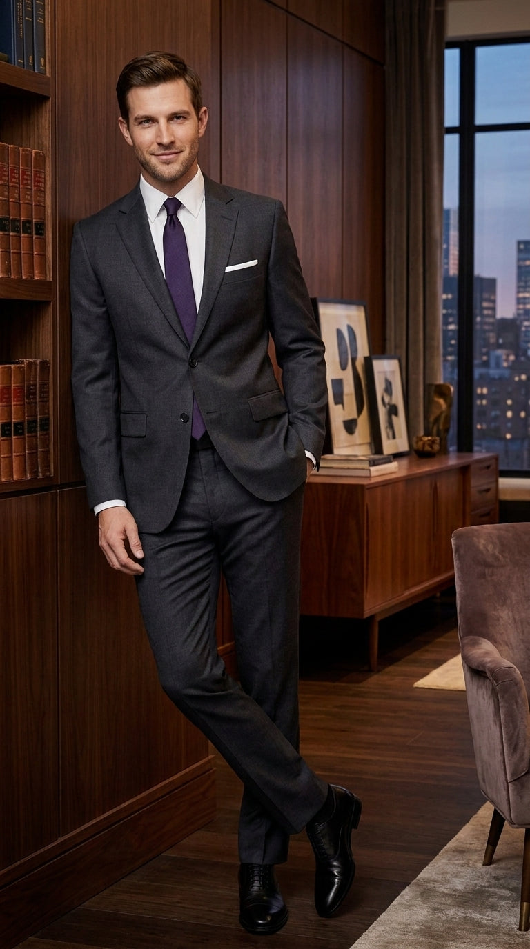 Men’s Charcoal Grey Don Draper Inspired Suit, Solid Formal Wedding Business Dress Suit