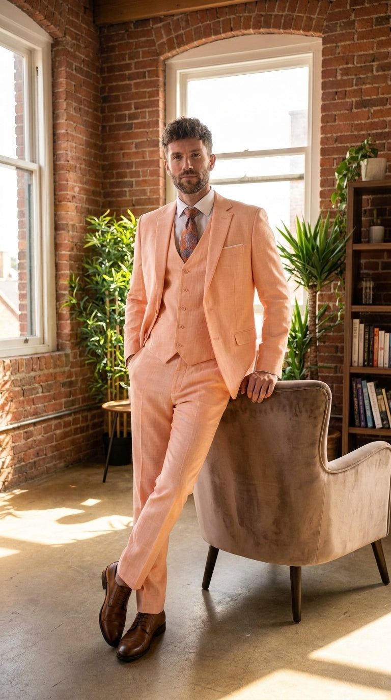 Statement Men's Peach 3 Piece Suit – Light Orange Blush Modern Fit Wedding & Summer Suit with Ticket Pocket