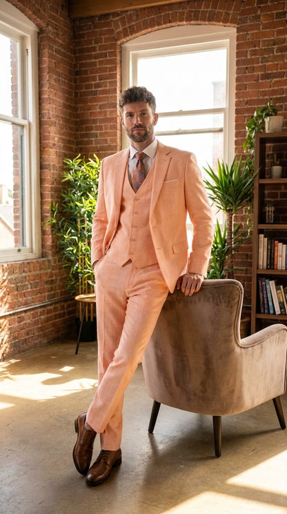 Statement Men's Peach 3 Piece Suit – Light Orange Blush Modern Fit Wedding & Summer Suit with Ticket Pocket
