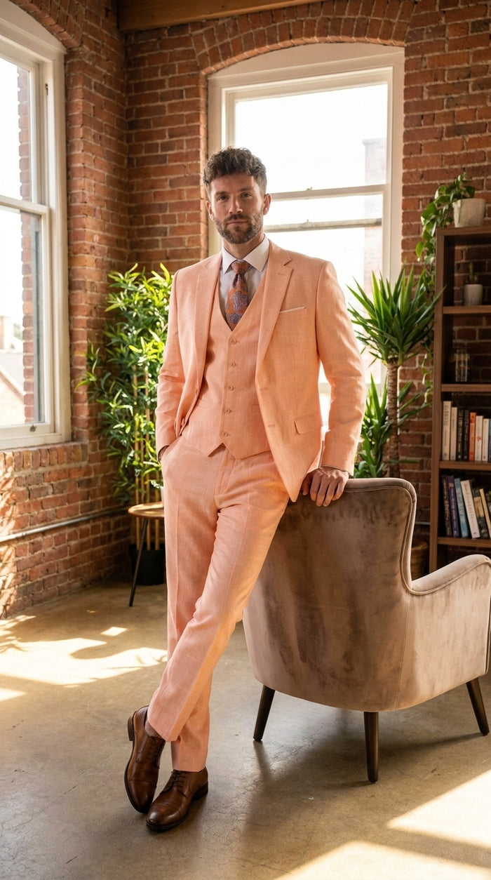 Statement Men's Peach 3 Piece Suit – Light Orange Blush Modern Fit Wedding & Summer Suit with Ticket Pocket