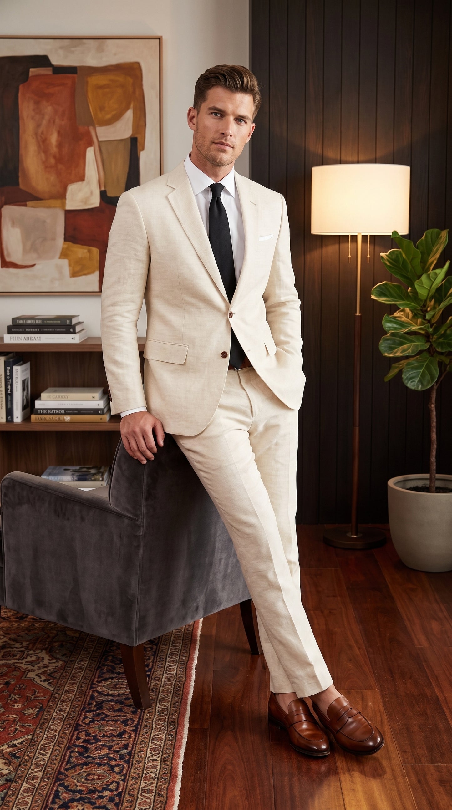 Men’s Beige Linen Suit – 2 Piece Summer Beach Wedding Suit for Men