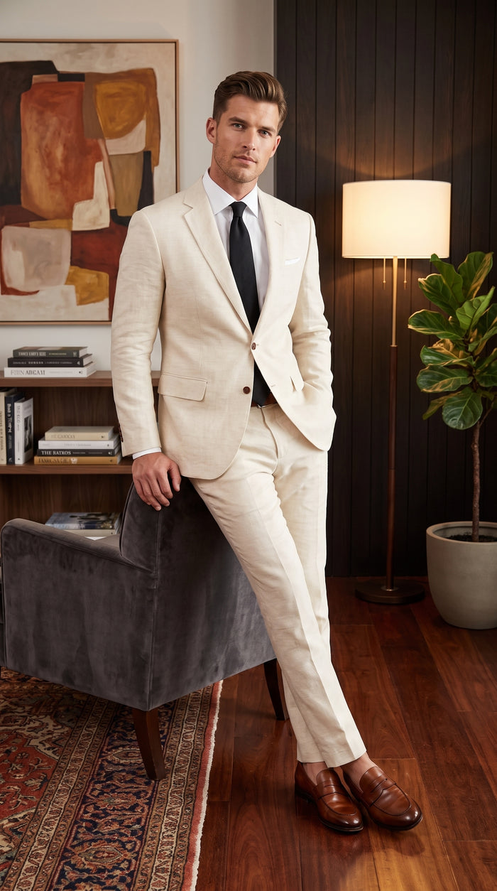 Men’s Ivory ~ Off white ~ Cream ~Linen Suit – 2 Piece Summer Beach Wedding Suit for Men