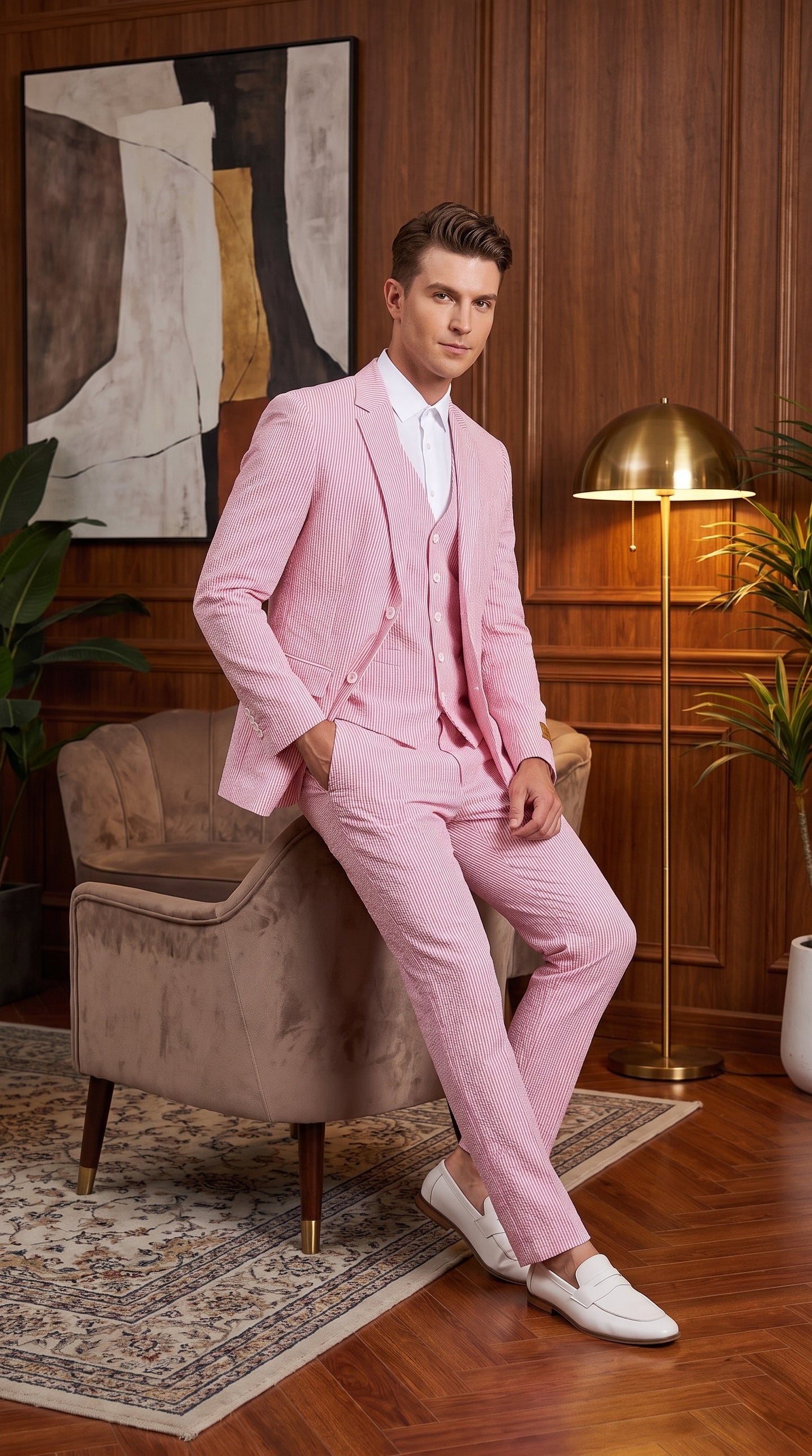 Men’s Red Pinstripe Seersucker Suit – 2 Piece Summer Suit Jacket and Pants