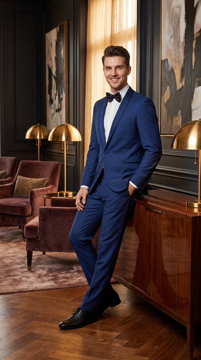 Men’s Midnight Blue Shawl Lapel Tuxedo, 1 Button Formal Wedding Prom Suit