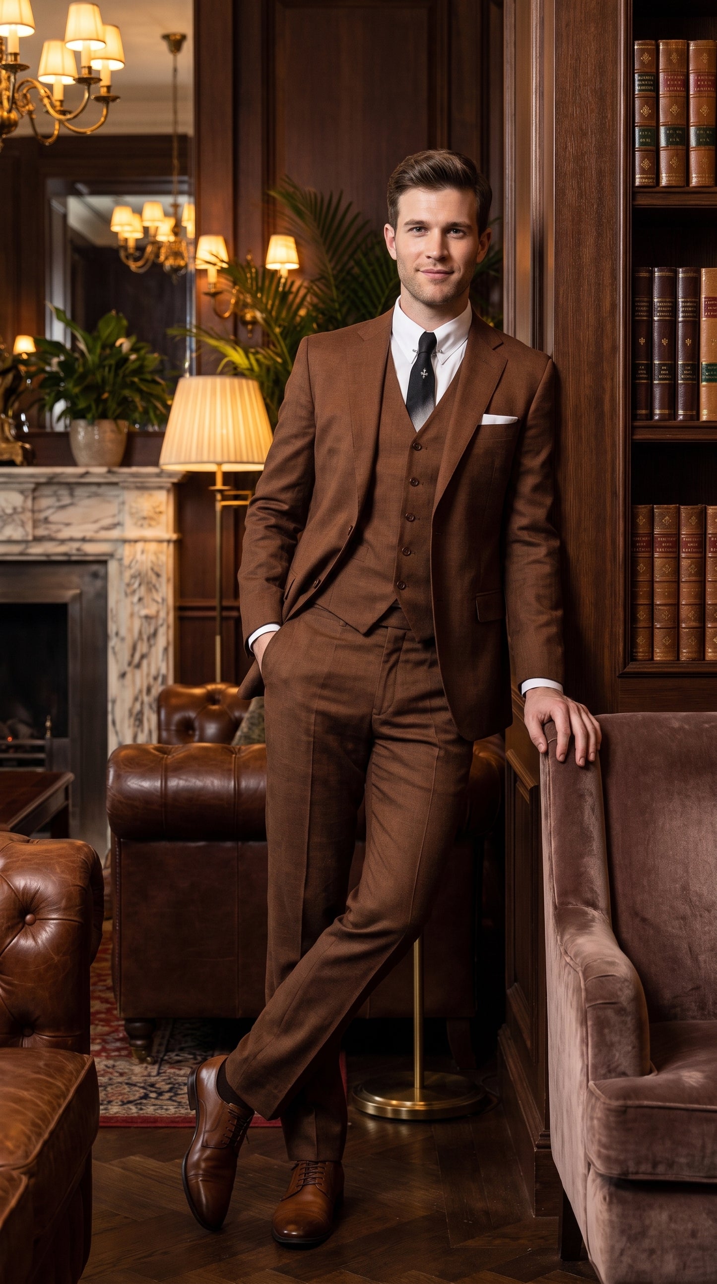 Men’s Cognac Ryan Gosling La La Land Inspired Vested Suit, 3 Piece Formal Wedding Prom Suit