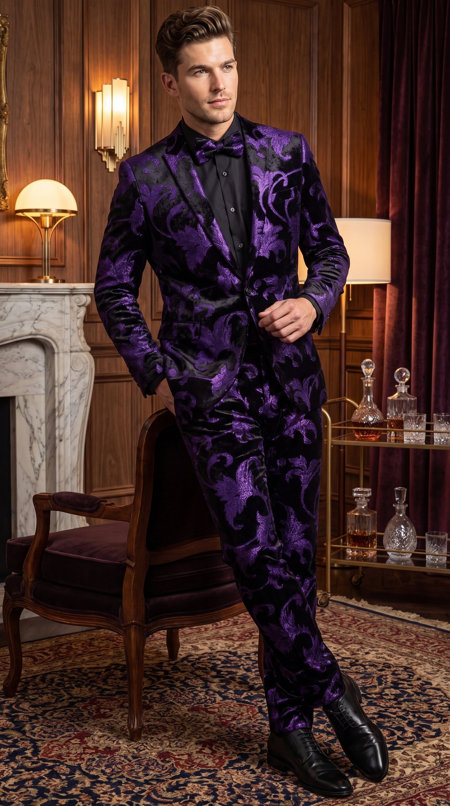 Men’s Purple and Black Paisley Tuxedo Suit – Mardi Gras Dinner Jacket with Matching Pants