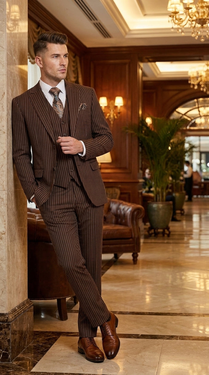 1920s Brown Pinstripe Suit for Men – 3 Piece Vintage Gangster Costume with Vest | Wide Pinstripe Classic Fit