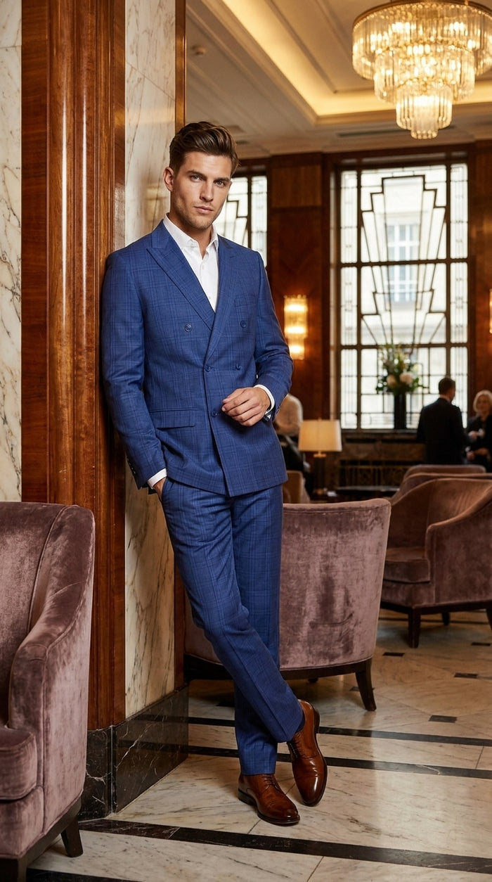 Men’s Royal Blue Plaid Double-Breasted Suit – 1920s Gangster Windowpane Wedding and Formal Suit