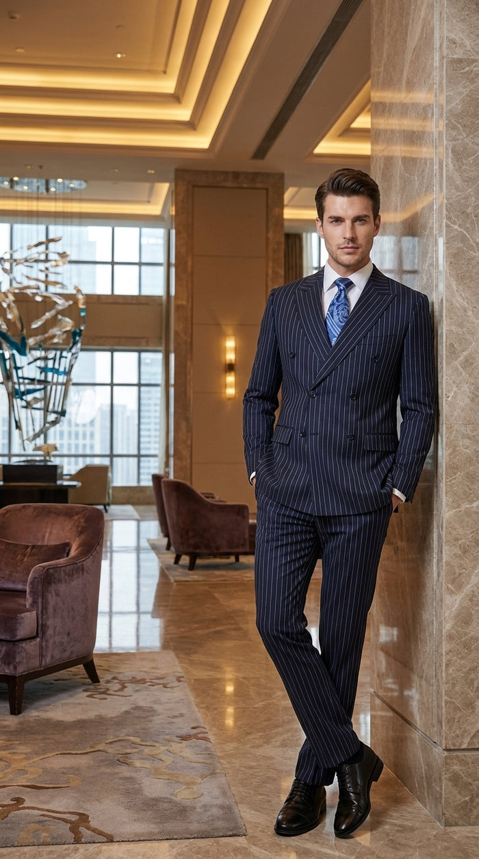 Men’s Navy Pinstripe Double-Breasted Suit – 1920s Gangster Wedding, Gatsby and Formal Suit