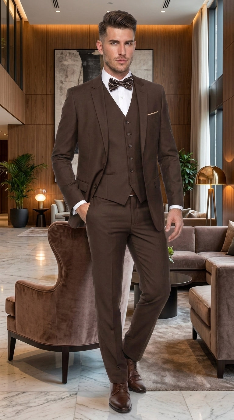 Men’s Brown 3-Piece Suit – Two-Button Wedding, Business and Formal Suit with Matching Vest