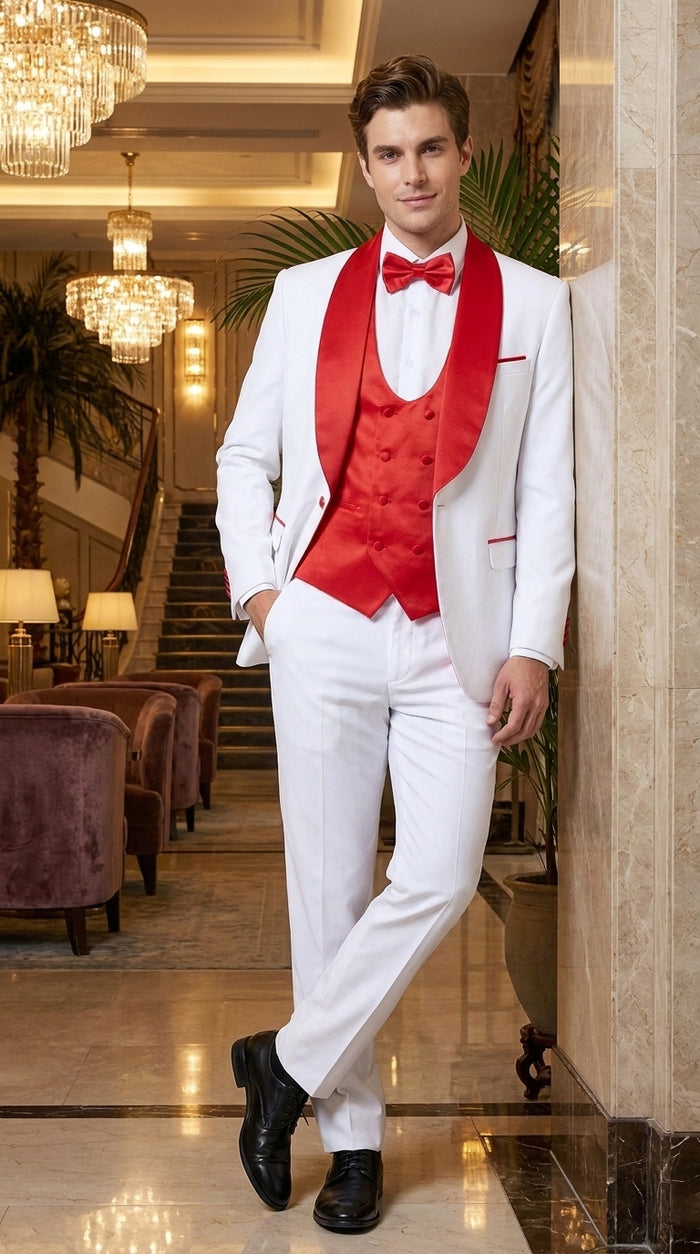 Men’s White and Red 3-Piece Tuxedo – One-Button Shawl Lapel Wedding, Prom and Formal Suit with Vest