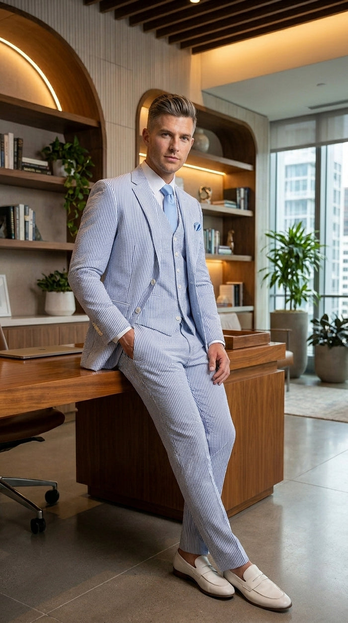 Men’s Light Blue Seersucker Jacket + Pants Suit with 2 Button Jacket, Summer Wedding Formal Dress Suit