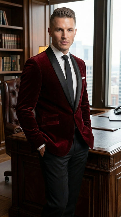 Men's One Button Velvet Shawl BMen’s Burgundy Velvet One Button Tuxedo Jacket, Black Shawl Collar Formal Dinner Blazer for Weddings, Prom, Parties, and Special Occasionsurgundy Collar Tuxedo Jacket