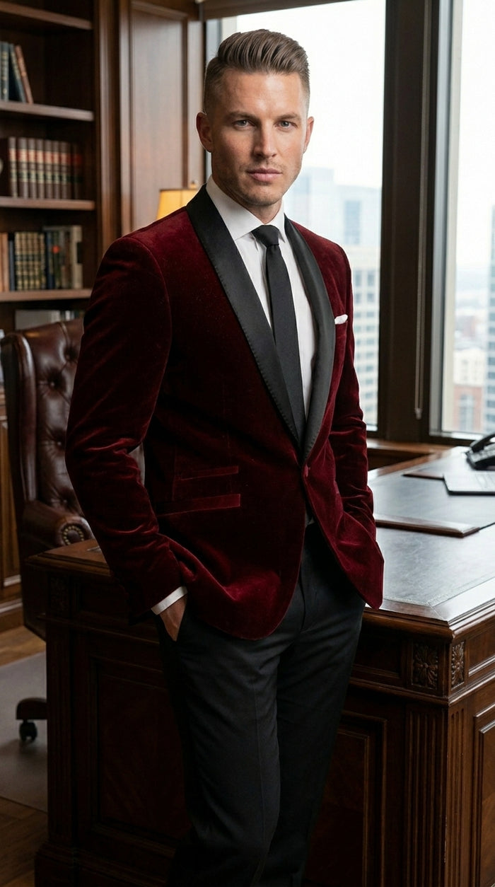Men's One Button Velvet Shawl BMen’s Burgundy Velvet One Button Tuxedo Jacket, Black Shawl Collar Formal Dinner Blazer for Weddings, Prom, Parties, and Special Occasionsurgundy Collar Tuxedo Jacket