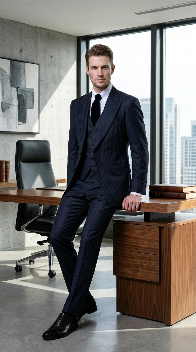 Men’s Navy Herringbone Textured 3 Piece Suit Set, Classic Formal Blazer, Waistcoat and Trouser Outfit