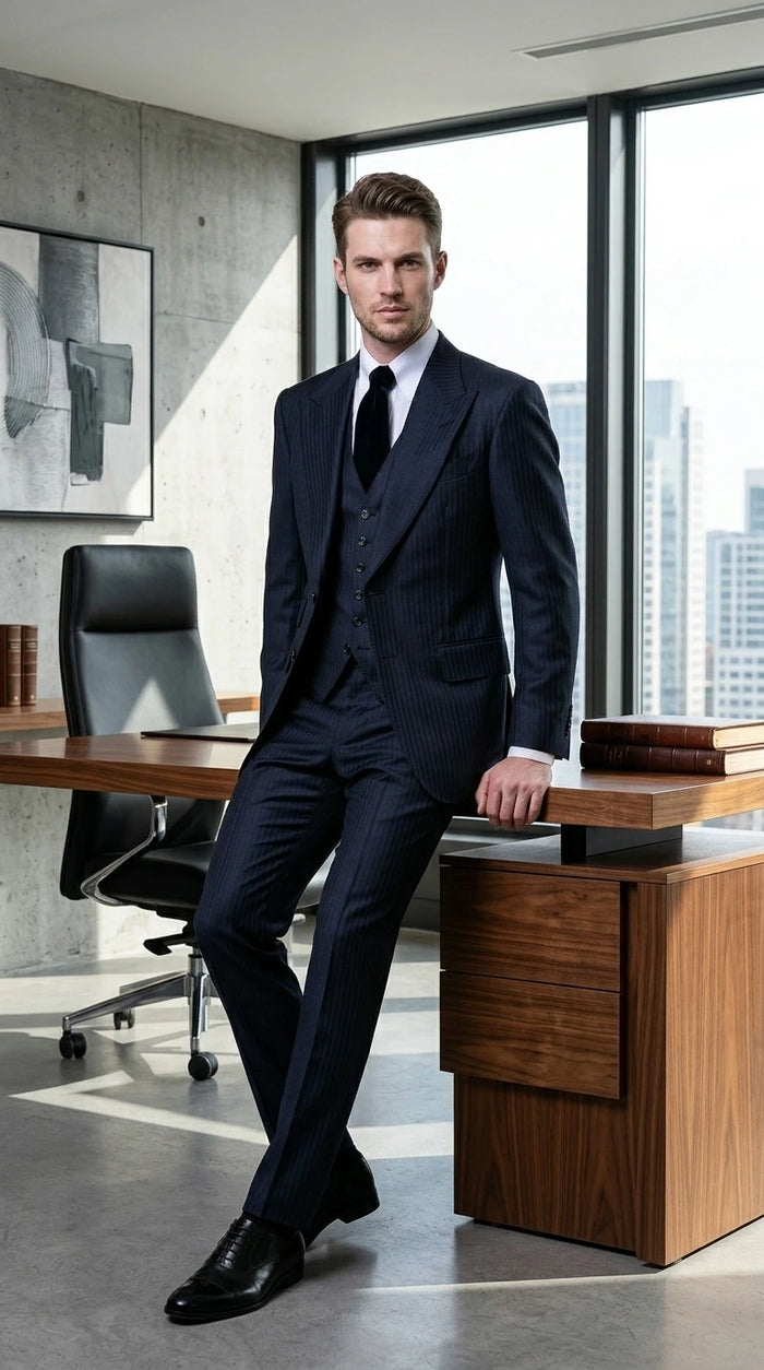 Men’s Navy Herringbone Textured 3 Piece Suit Set, Classic Formal Blazer, Waistcoat and Trouser Outfit