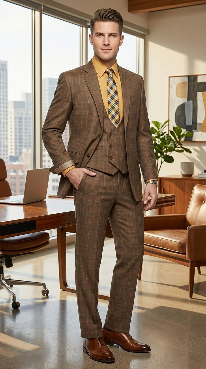 Men’s Brown Windowpane Plaid 3 Piece Suit, Two Button Peak Lapel Classic Formal Suit Set