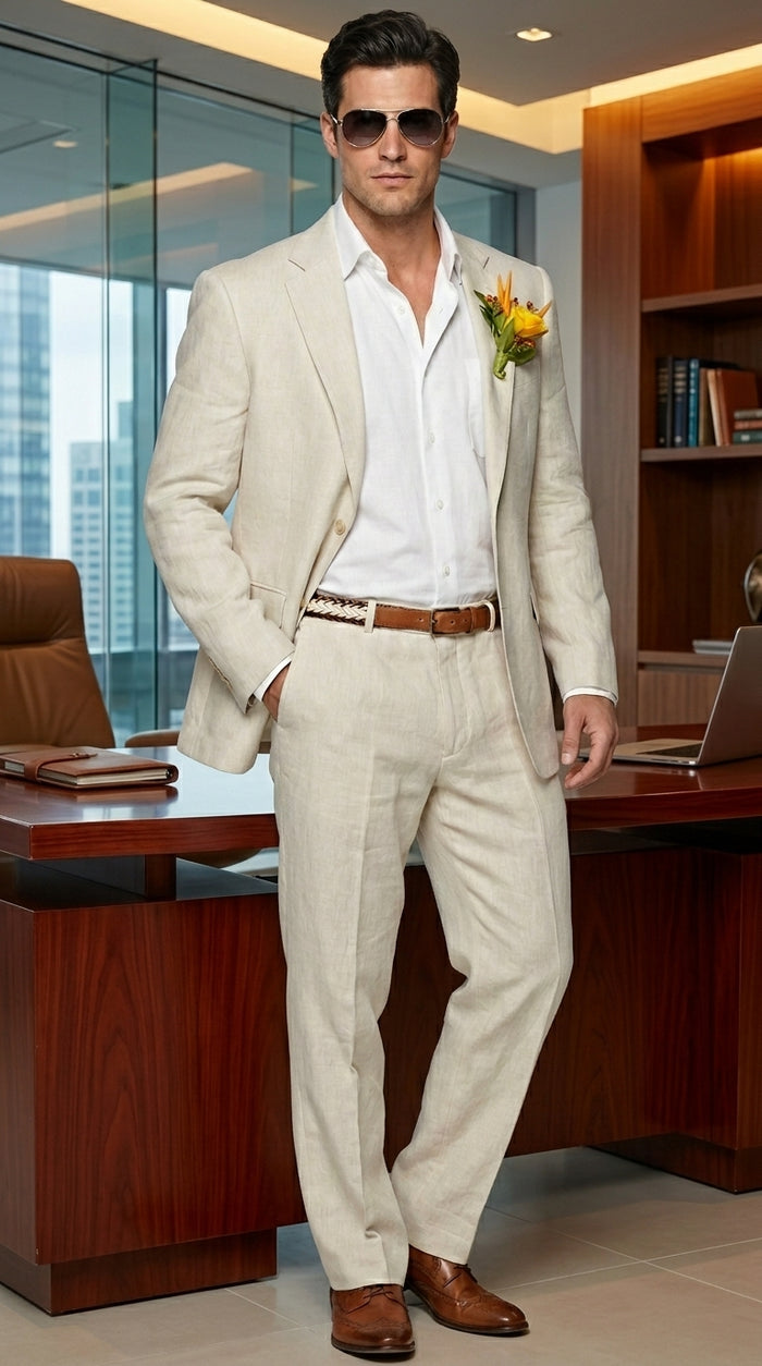 Men’s Natural Sand Light Tan Linen Suit, Summer Beach Wedding Formal Suit Set