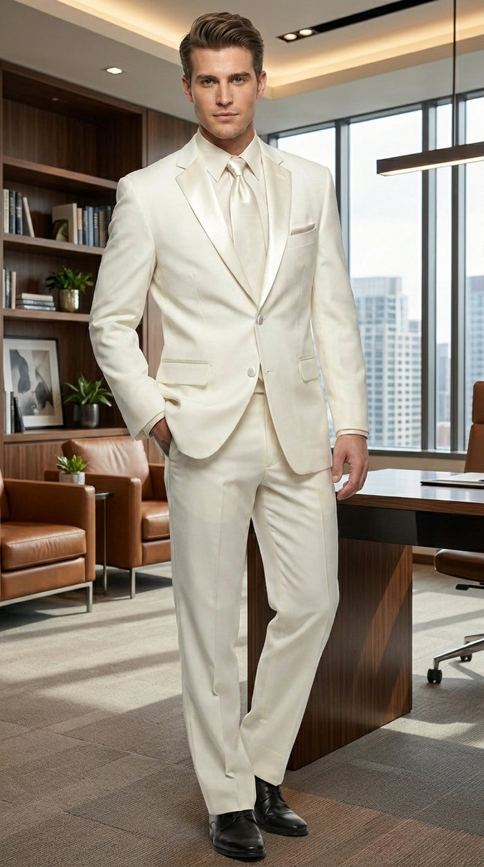 Men’s Ivory Classic Notch Tuxedo with 1 Button Jacket and Matching Pants, Formal Wedding Suit