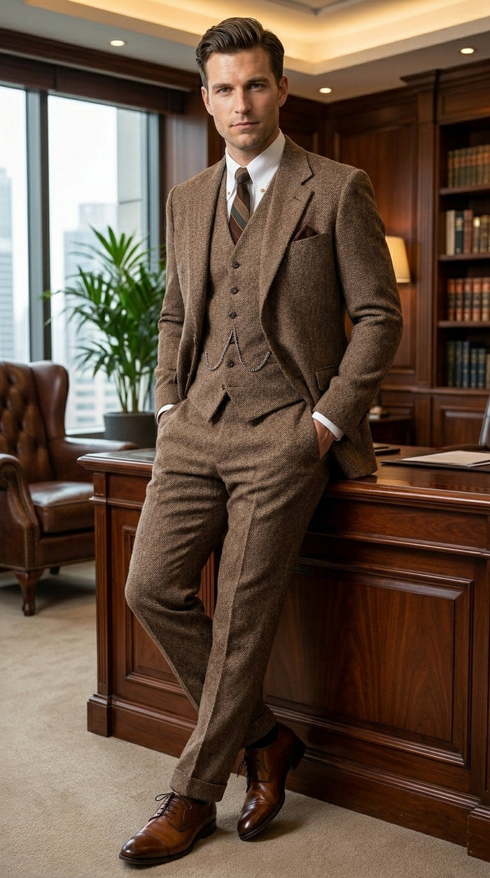 Men’s Light Brown Tweed Herringbone 3 Piece Great Gatsby Suit, Vested Vintage Wedding Formal Suit Set