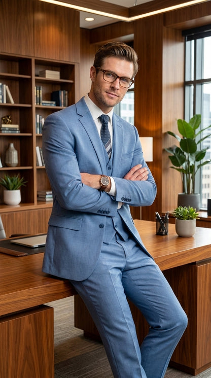 Men’s Steel Blue Sharkskin Textured 3 Piece Suit, Dusty Blue Formal Wedding Dress Suit