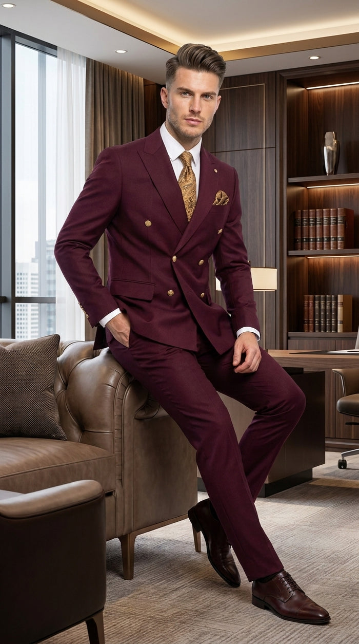 Men’s Burgundy Double Breasted Suit with Gold Buttons, Formal Wedding Prom Dress Suit