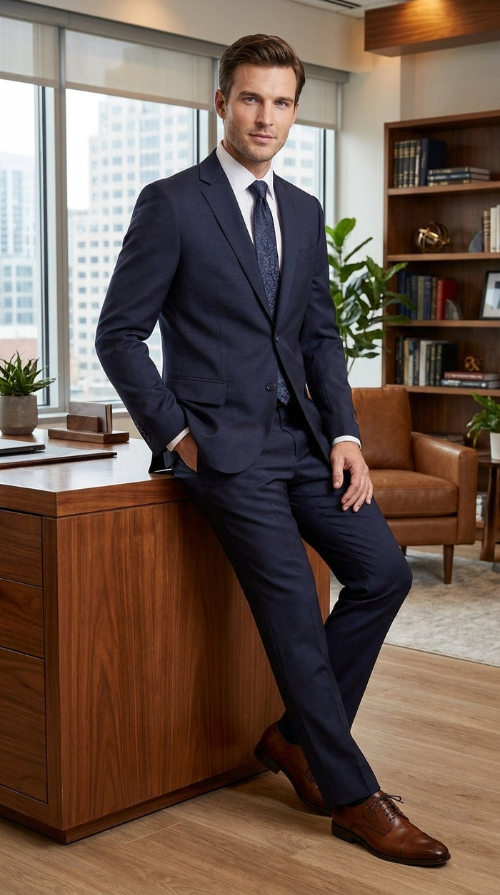 Tiglio Novello Men’s Navy Italian Wool Suit, Super 150s Modern Fit Formal Dress Suit
