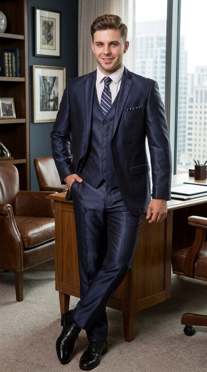 Men’s Navy Shiny Sharkskin Vested Suit, Tazio Formal Wedding Prom Dress Suit