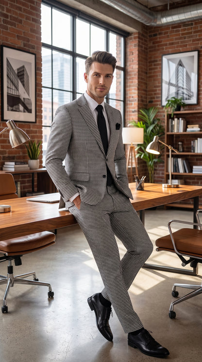 Rossi Man MAX RM1710 Men’s Black and White Houndstooth 3 Piece Suit, Modern Formal Dress Suit