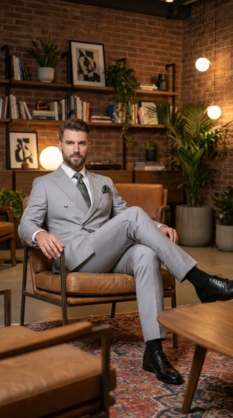 Rossi Man Men’s Silver Double Breasted Suit, Modern Fit Formal Wedding Prom Business Suit