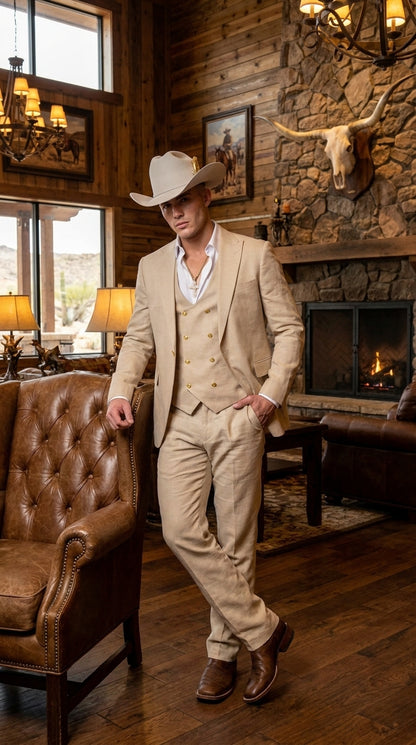 Men’s Light Beige 3-Piece Suit – Peak Lapel Jacket, Double-Breasted Vest and Matching Pants
