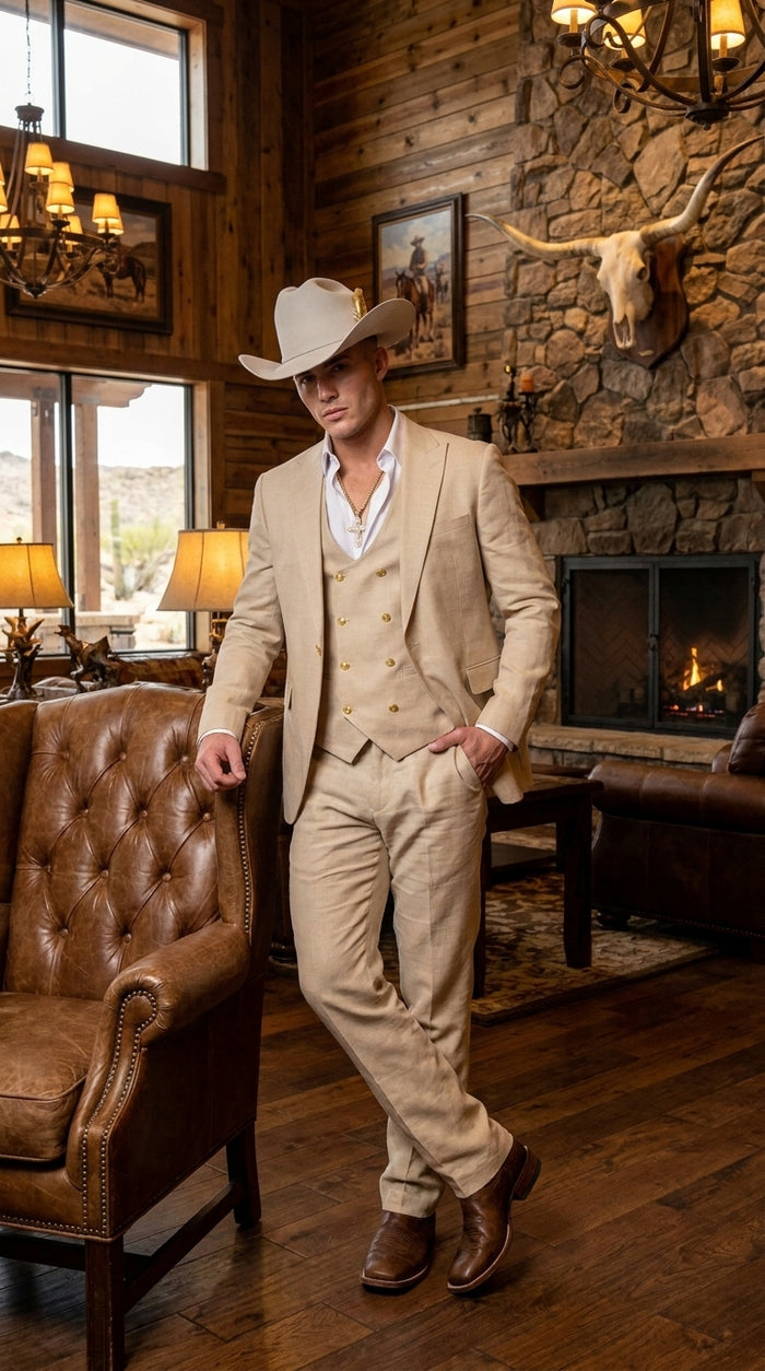 Men’s Light Beige 3-Piece Suit – Peak Lapel Jacket, Double-Breasted Vest and Matching Pants