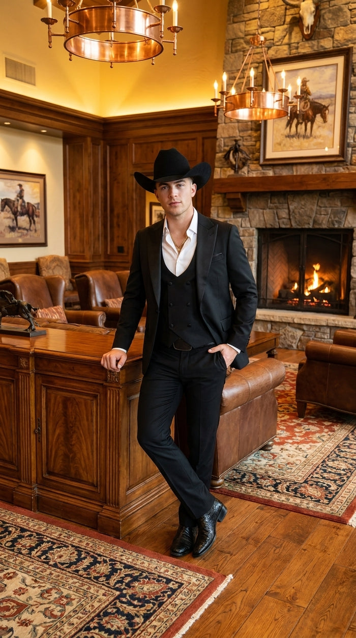 Men’s Black Western Tuxedo Suit – Satin Shawl Lapel Jacket with Double-Breasted Vest and Pants