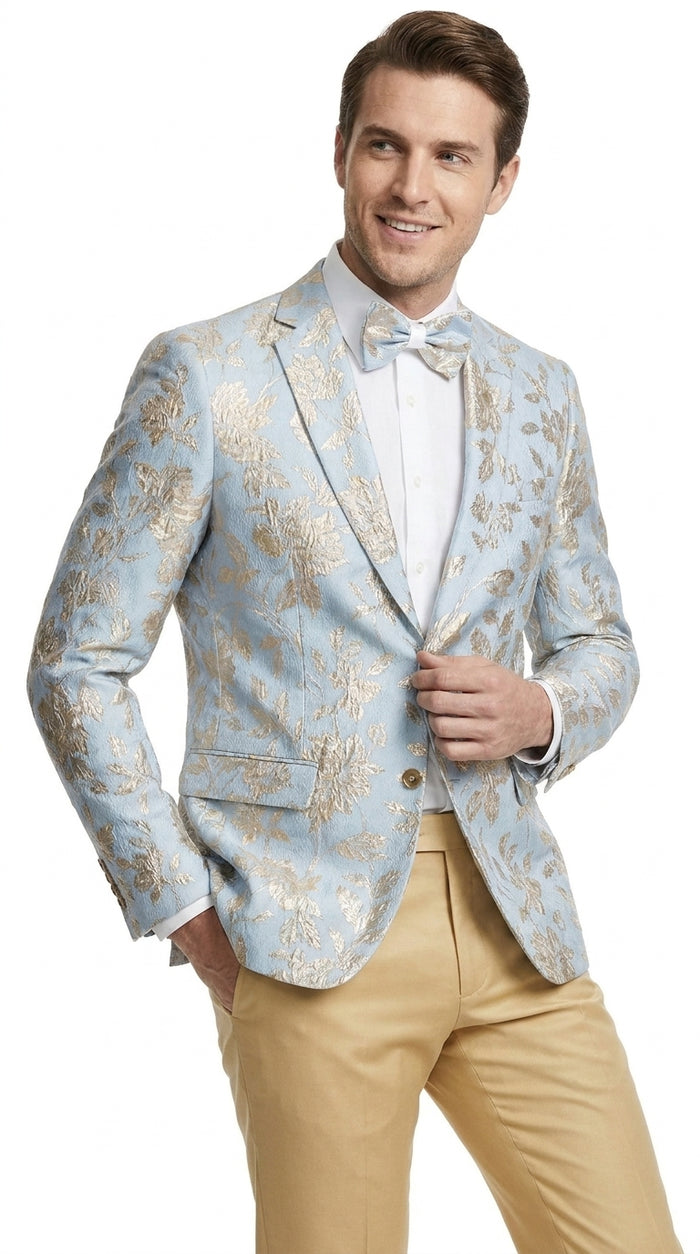 Men’s Sky Blue and Silver Foil Paisley Blazer, 2 Button Prom Wedding Party Dinner Jacket