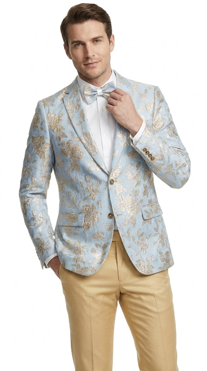 Men’s Sky Blue and Silver Foil Paisley Blazer, 2 Button Prom Wedding Party Dinner Jacket
